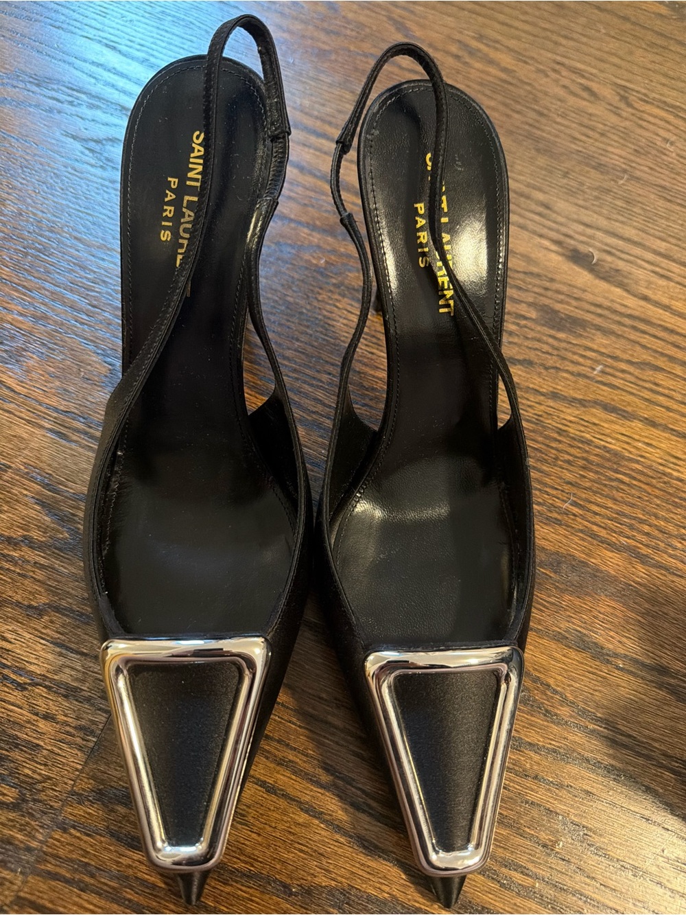 Saint Laurent Black Pointed Slingback Pumps with Silver Trim - Picture 11 of 15